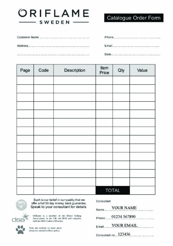 Oriflame personalised order form